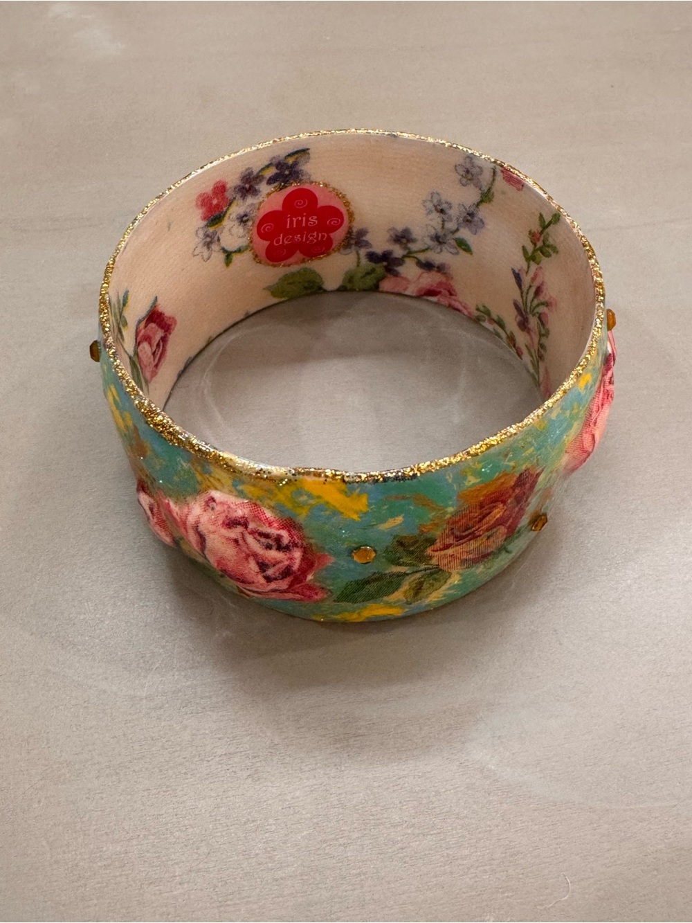 iris Floral Turquoise and Pink Rose Bangle with Gold Trim